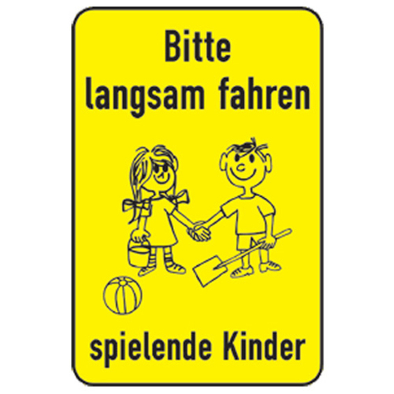 Spielplatzschild 'Bitte langsam fahren – spielende Kinder' | 900 x 600 mm | Flachformat