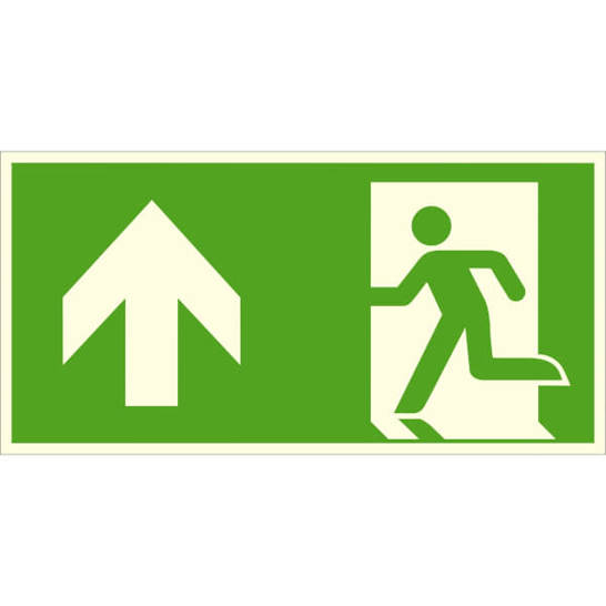 Fluchtwegschild - Langnachleuchtend - Aluminium - Aufwärts - 30 x 15 cm - DIN ISO 7010 E001 + Zusatzzeichen ASR A1.3 E001