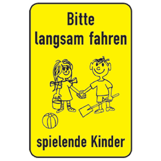 Spielplatzschild 'Bitte langsam fahren, spielende Kinder' | 750 x 562 mm | Flachform
