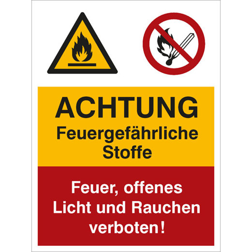 Feuergefährliche Stoffe Kombischild 30x40 cm - Kunststoff | DIN EN ISO 7010 W021 + P002 | ASR A1.3