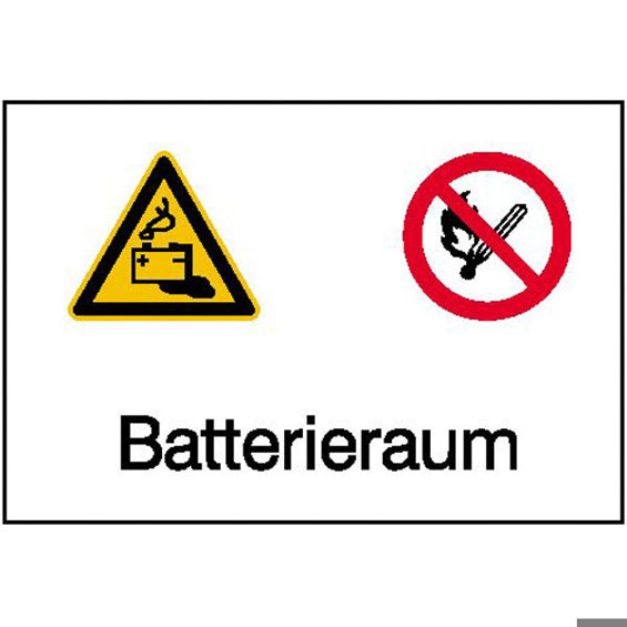 Verbotsschild EN ISO 7010 P003 - Batterieraum Warn- und Verbots-Kombischild - Kunststoff - 29,7x21 cm - Feuer, offenes Licht und Rauchen verboten - Zusatztext ASR A1.3