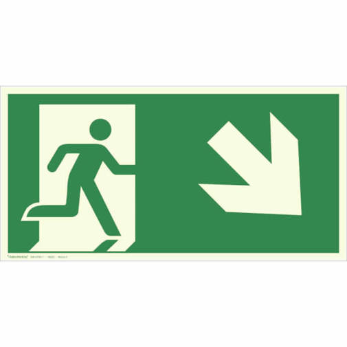 Fluchtwegschild mit langnachleuchtender Folie - Rechts, schräg abwärts, 30x15 cm - DIN ISO 7010 E001 + ASR A1.3 Zusatzzeichen