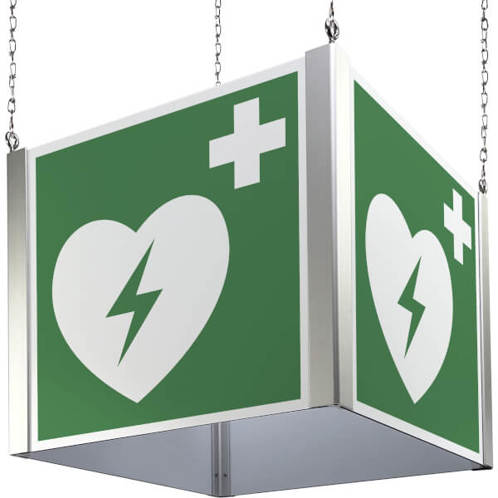 Automatischer Externer Defibrillator Rettungszeichenwürfel - Deckenabhängung (Größe: 557 x 500 mm)
