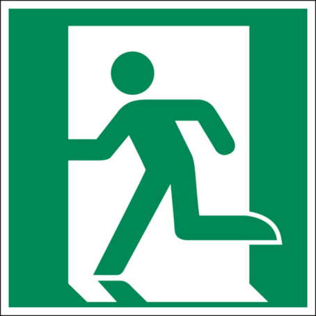 Aluminium Schild Rettungsweg Links – Notausgang (EN ISO 7010 E001) | 200 x 200 x 0,5 mm | 150/22 mcd