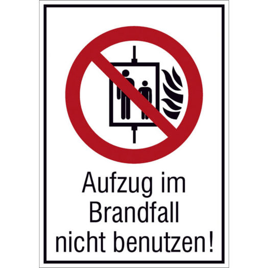 Nachleuchtendes Kombischild – Aufzug im Brandfall nicht benutzen | Folie 13, 1x18,5 cm – DIN EN ISO 7010 P020 + ASR A1.3 Zusatztext