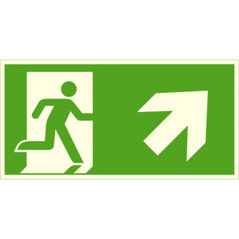 Fluchtwegschild für Notausgang - Langnachleuchtend, Aluminium, Rechts, Schräge Ausrichtung, 40x20 cm, DIN ISO 7010 E001 + Zusatzzeichen ASR A1.3 E001