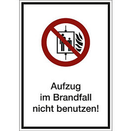Kombizusatzschild für Verbotszeichen - Aufzug im Brandfall Nicht Benutzen | 10 Stück | Folie | 105 x 148 x 0,1 mm | EN ISO 7010 P020