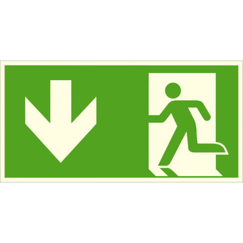 Notausgang Fluchtwegschild - Langnachleuchtend, Aluminium, Abwärts, 30 x 15 cm (DIN ISO 7010 E001) + Zusatzzeichen ASR A1.3 E001
