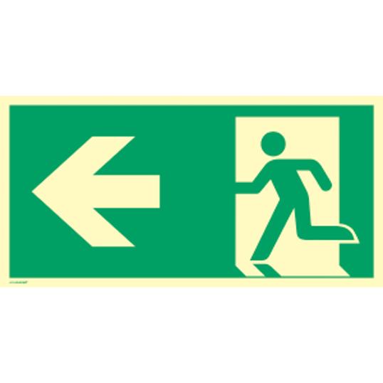 Notausgang Schild links mit Pfeil | ISO 7010 | Selbstklebendes PVC-U Material | Langnachleuchtend 160-mcd | 297x148mm