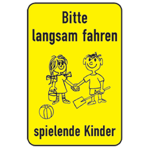 Spielplatzschild 'Bitte langsam fahren - spielende Kinder' | 750 x 562 mm | Alform