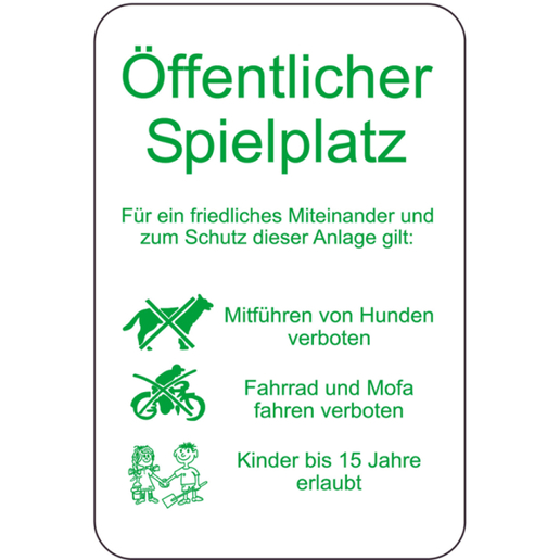 Hinweisschild: Hunde Verboten – Öffentlicher Spielplatz (Fahrrad & Mofa nicht erlaubt)