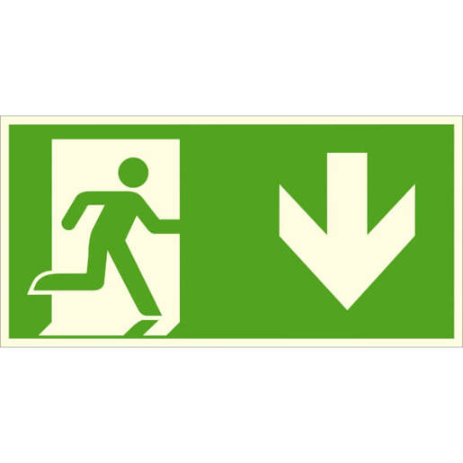 Fluchtwegschild - Langnachleuchtend - Aluminium - Abwärts Links - 40 x 20 cm - DIN ISO 7010 E002 + Zusatzzeichen ASR A1.3 E002